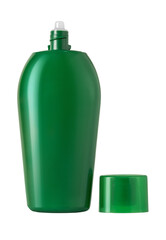 Green plastic squeeze bottle with open flip cap dispenser isolated on transparent background