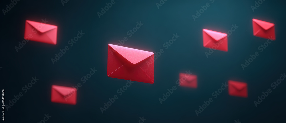 Poster red envelopes floating in dark space, symbolizing digital communication and email