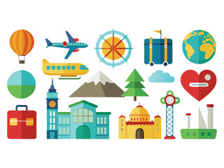 Fototapeta premium Colorful travel icons collection flat design isolated on white background 