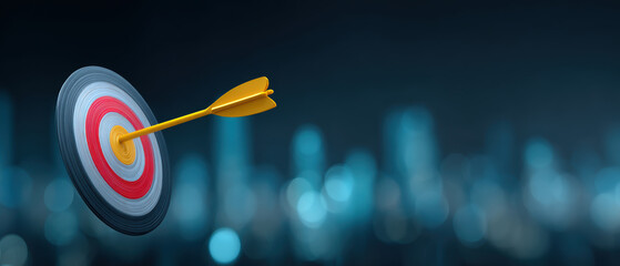 Yellow dart hits center of target against blurred cityscape background, symbolizing precision