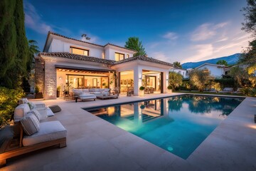 Obraz premium luxurious modern villa at sunset with illuminated swimming pool, elegant outdoor lounge area, large glass doors, mountain view and landscaped garden in a serene upscale residential neighborhood