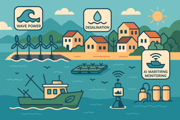 Naklejka premium Illustration of coastal smart tech with wave power and desalination