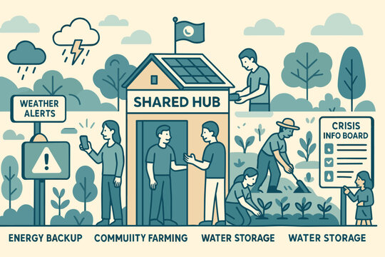 Illustration of a resilient community hub with farming and alerts