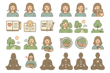 Mindfulness and wellness icon set in soft hand-drawn style