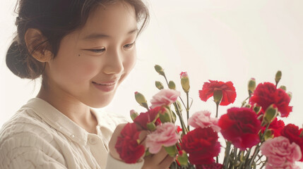 Young Girl Smiling While Arranging Red and Pink Carnations in a Bright and Airy Setting