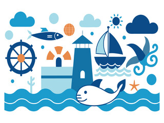 Fototapeta premium Cute nautical illustration with whale lighthouse and sailboat isolated on white background 