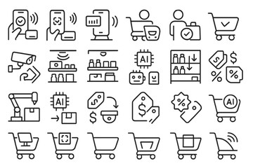 Black line icon set representing AI and automation in retail