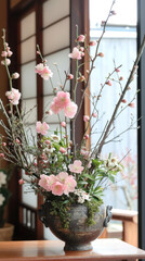 Elegant Floral Arrangement in Traditional Japanese Vase with Cherry Blossoms and Greenery by a Sunlit Window