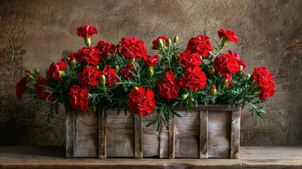 Rustic Wooden Planter Box with Vibrant Red Carnations Against a Textured Brown Background for Home and Garden Decor