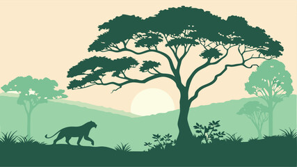 Serene Savannah Sunset: A Big Cat Silhouette in a Scalable Graphic Design