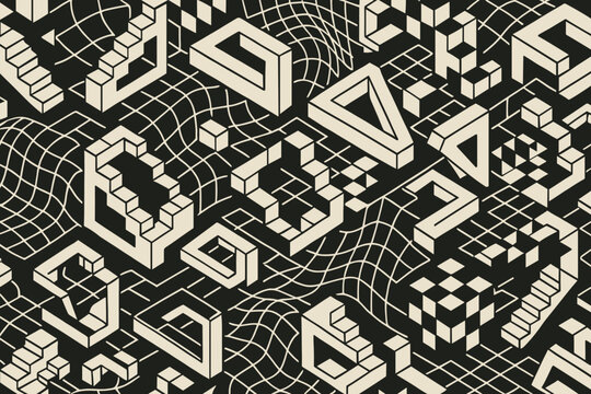 Inverse-palette maze of impossible geometry. Cream-colored Penrose triangles