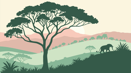 Serene African Savanna Sunset Landscape Design featuring Elephant Silhouette and Majestic Acacia Tree