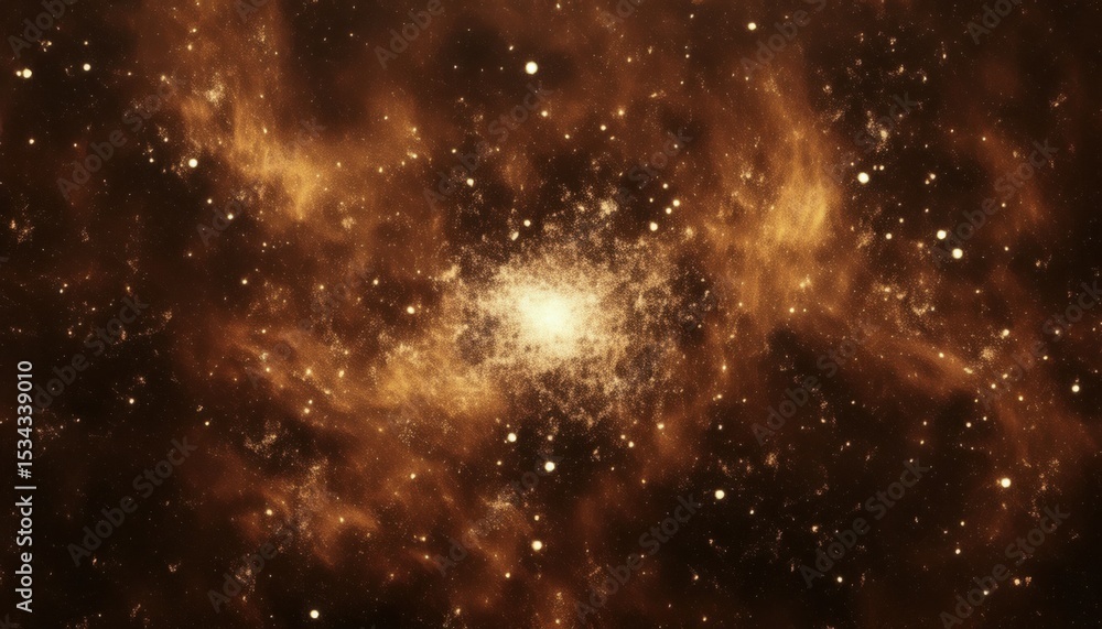 Poster radiant amber nebula cloud with glowing starburst core and dense cosmic dust pattern for sci-fi post