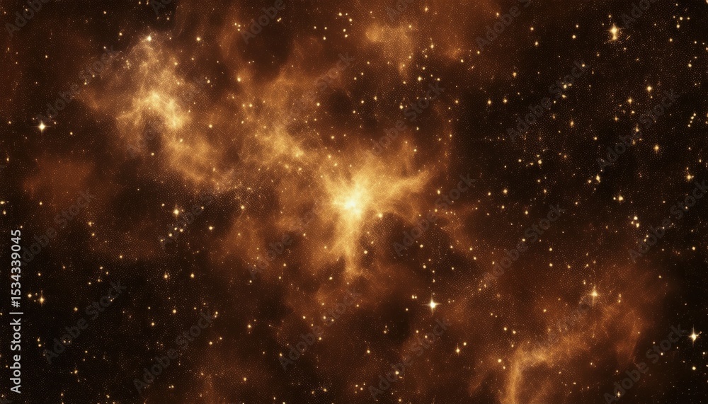 Poster radiant amber nebula cloud with glowing starburst core and dense cosmic dust pattern for sci-fi post