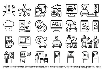 Smart city service line icon set: traffic, sensors, robots, kiosks