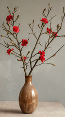 Elegant Brown Ceramic Vase with Vibrant Red Flowers on a Neutral Background for Home Decor and Interior Design