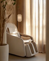 Modern Massage Chair by Linen Curtains in Cozy Minimalist Home Interior