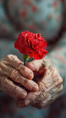 Elderly Hands Holding a Red Carnation Flower Symbolizing Love, Care, and Generational Connection in a Soft Focus Background