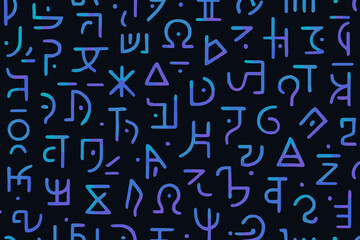Seamless pattern of futuristic glowing abstract symbols on dark background