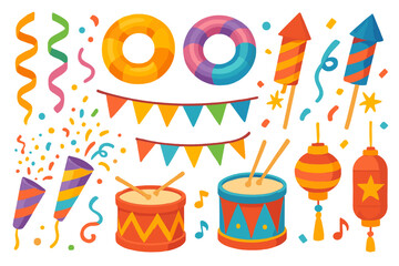 Colorful festive icons including drums, lanterns, fireworks, and party streamers