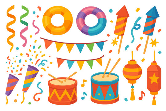 Colorful festive icons including drums, lanterns, fireworks, and party streamers
