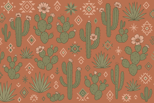 Southwestern cactus pattern with desert flowers and tribal motifs