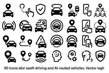 Icon set for autonomous and AI-guided vehicle systems including routing, sensors, and user interface