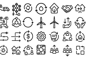 Fototapeta premium Black icon set depicting circular systems, energy flow, and community exchange
