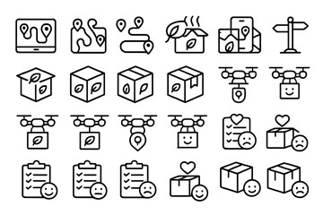 Fototapeta premium Eco-friendly delivery and drone logistics icon set with satisfaction feedback