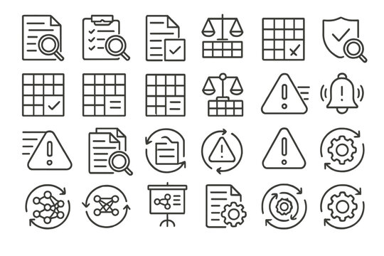 Minimal icon set for audit reviews, fairness checks, alerts, and system updates