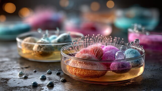 Colorful mold cultures in petri dishes laboratory setting macro photography scientific exploration close-up view microbial diversity