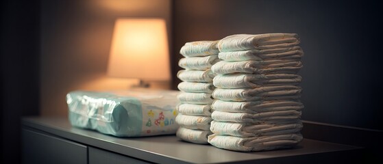 A neat stack of newborn diapers next to a pack of wet wipes, on a changing table with soft lighting 