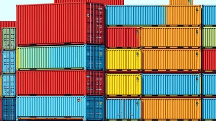 Shipping Containers Neatly Stacked in Bold Colors