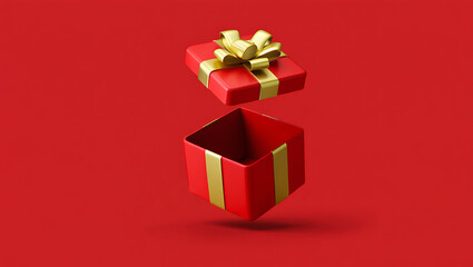 Red gift box with golden bow open revealing an empty space on red background