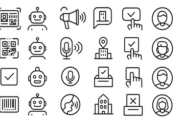 Fototapeta premium Set of black and white icons featuring robots, voice, and checkboxes.