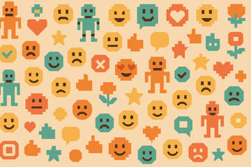 Naklejka premium Pixel art pattern with robots, emojis, hearts, and icons