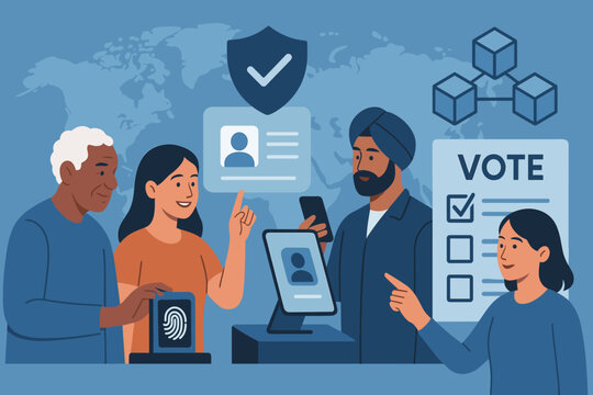 Illustration of secure online voting with ID, blockchain, and biometrics