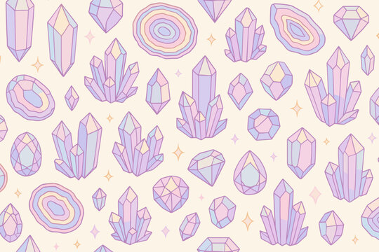 Seamless pastel gemstone and crystal cluster pattern with geodes