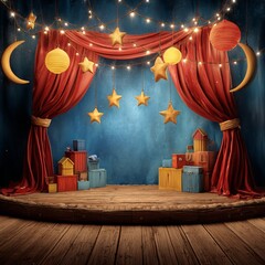 Colorful children's theater stage with red velvet curtains, wooden floor, playful props, stars and moons hanging from above, bright and cheerful lighting 