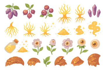 Fantasy potion ingredients with mystical roots, flowers, crystals, and herbs