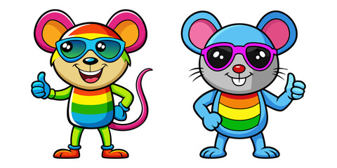 Fototapeta premium A full-body image of a rainbow-colored Mouse wearing sunglasses, giving a thumbs-up with a smile, showing approval