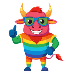 Naklejka premium A full-body image of a rainbow-colored Bull wearing sunglasses, giving a thumbs-up with a smile, showing approval