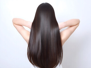 美しい黒髪ロングヘアを披露する後ろ姿の日本人女性の艶やかな髪