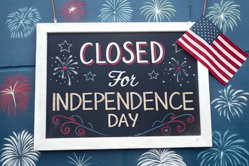 Closed for independence day chalkboard sign with fireworks and american flag