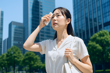 真夏の暑さに汗を拭う白いシャツ姿の日本人女性と都会のビル街