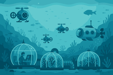 Obraz premium Futuristic underwater research station with submarines and domes