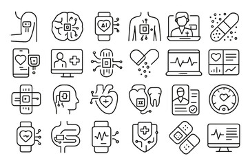 Set of futuristic healthcare icons with smart patches and telemedicine