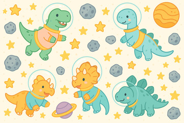 Adorable dinosaurs in space suits floating with stars and asteroids