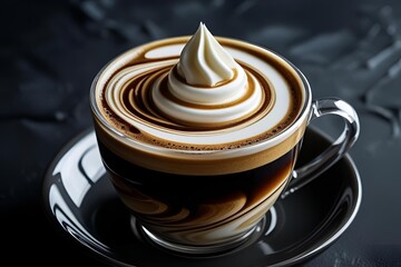 Obraz premium Layered coffee, cream, syrup drink glass, dark background, sharp focus.