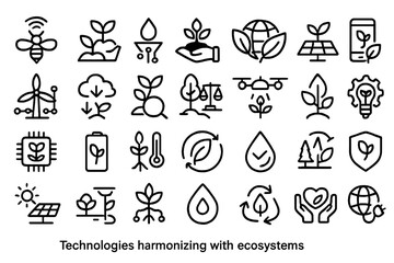 Eco-technology icon set showing smart farming, AI integration, and sustainability